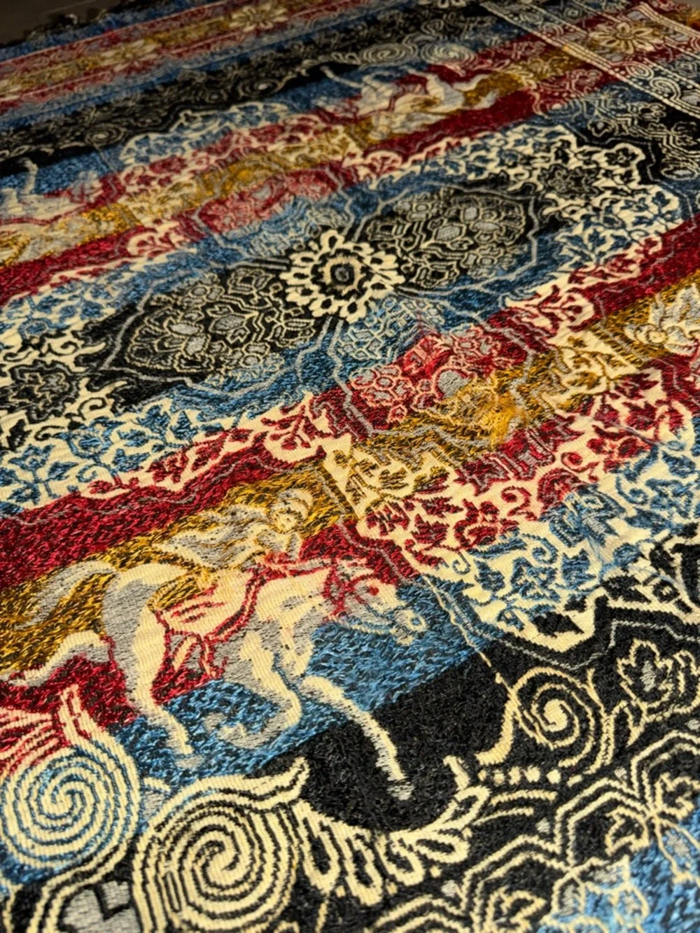 Vintage 1940s Indian Woven Tapestry Panel in Blue, & Red beautiful artisan work.